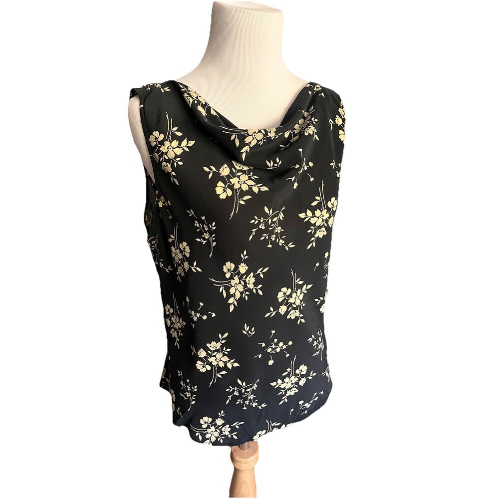 Loft Ann Taylor Shell Black White‎ Floral Cowl Neck Sleeveless Sz 12 100%Silk